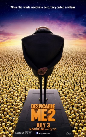 Gru stands before his minions in Despicable Me 2.  Despicable Me 2 was released by Pixar on July 3, 2013.