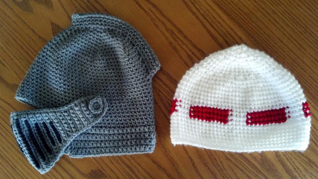 By changing just a few parts of the design, a simple beanie can be made into a knight’s helmet. The helmet only has a fin, neck guard, and face guard to differentiate it from the plain hat on the right.