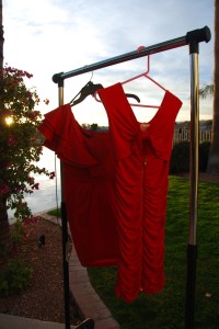 Play it cool in a red hot number. L to R: City Studio, Macy’s, $70. Marilyn Monroe, Macy’s, $60. 