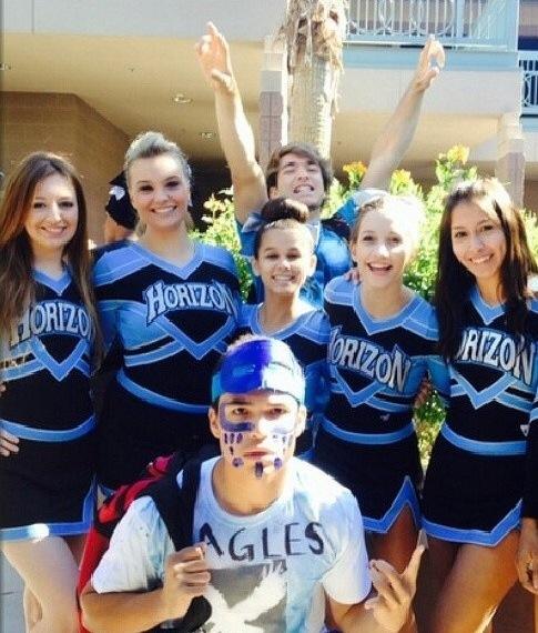 Some of the cheer team and HCLC students showing their school pride. This features seniors Shelby Pearcy, Heather Dixon, and Connor Pendleton; junior Billy Hardiman; and sophomores Destiny Lovely, Bree Lientz, and Daisy Valentin.