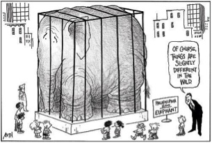 A political cartoon of an elephant squished into a cage. Much like in real life, the onlooker in the drawing comments that the wild is only “slightly” different.