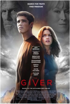 Jonas (Brenton Thwaites) and Fiona (Odeya Rush) are pictured in front of the Community, with faces of the Giver (Jeff Bridges) and the Chief Elder (Meryl Streep) behind them. The Giver opened 15 Aug.
