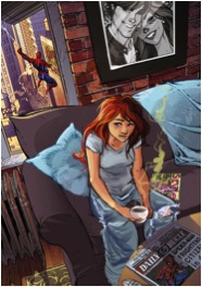 A piece of fan art that is highly acceptable, unlike it’s unrealistic predecessor, an original by J. Scott Campbell.  The professional piece, created by a Marvel artist, showed Mary Jane sitting in a virtually impossible pose to show off her best assets.  This is a much better alternative.
