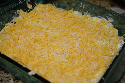 Once youve done two layers, cover the top with shredded cheese.