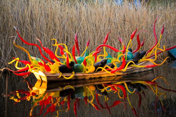 This is a picture of the Botanical Gardens old exhibit, Chihuly, which consists of colored glass. 