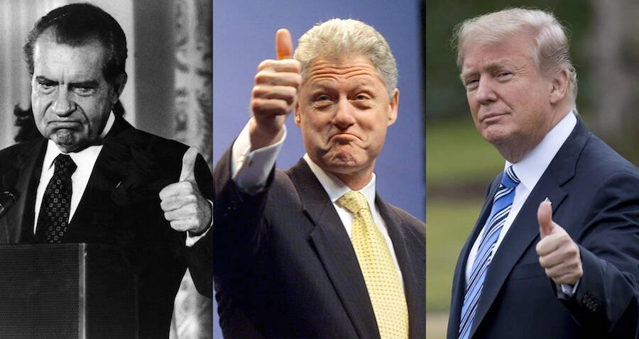 Former President  Richard Nixon on the far left, former president Bill Clinton in the center, and President Donald Trump on far right.