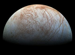 An image of the moon Europa.