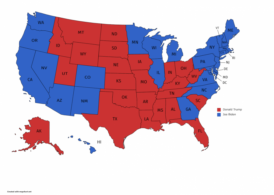 A map of the electoral votes for the 2020 presidential election.