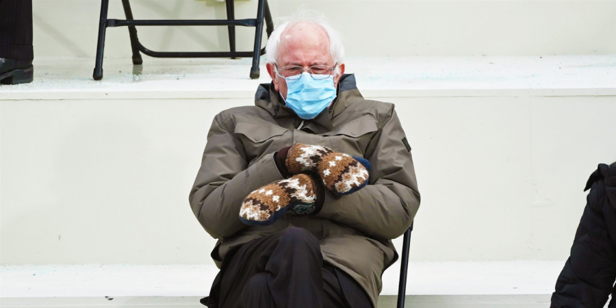 Senator Bernie Sanders (D-VT) sitting in on the Biden Presidential Inauguration wearing a coat and mittens, an image that soon became a meme.