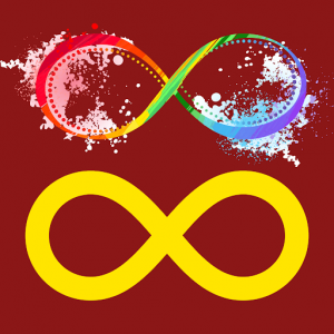 The rainbow infinity loop, used to symbolize autism and the autistic community, the gold infinity loop, part of the #LightItUpGold campaign, and a red background, to support the #RedInstead campaign.