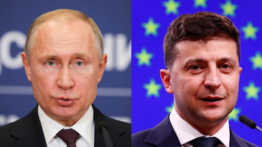 Left: President Vladimir Putin of Russia. Right: President Volodymyr Zelensky of Ukraine.