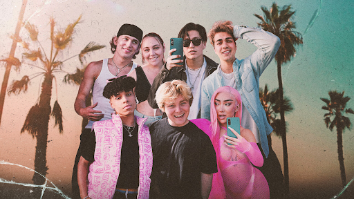 Left to right: (Top) Vinnie Hacker, Kouvr Annon, Lil Huddy, Thomas Petrou. (Bottom) Larray, Alex Warren, Nikita Dragun