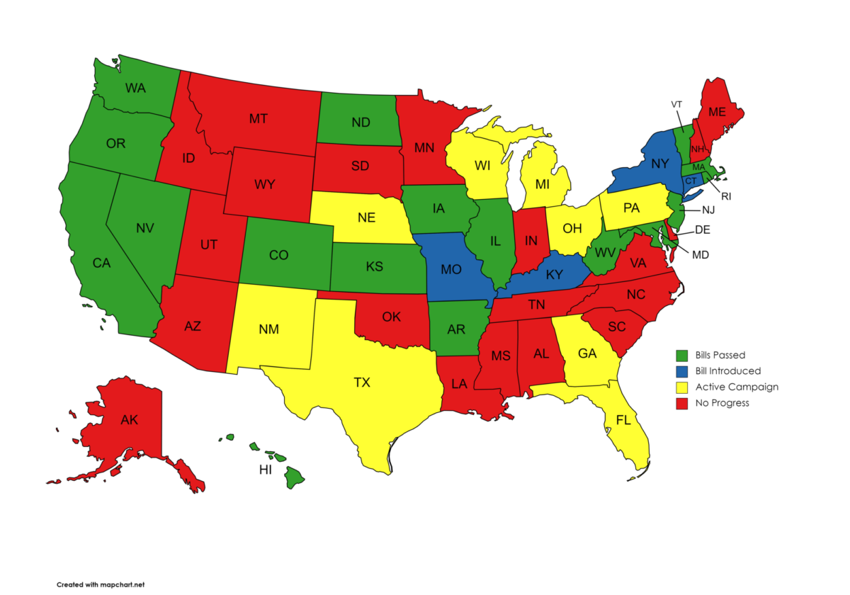 A map of the states that are actively working to support student press freedoms.