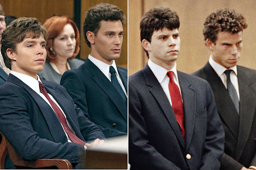 A side by side of the “Monsters” casting for Erik and Lyle Menendez with the real brothers in the Beverly Hills Municipal Court in 1990.