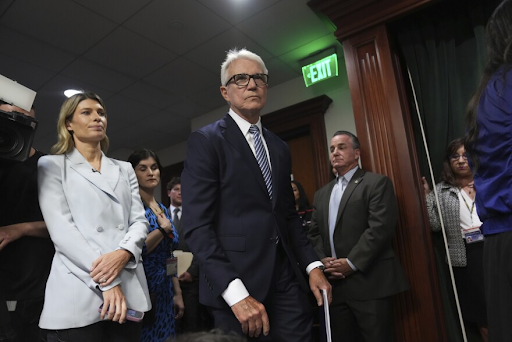 George Gascón arriving at his news conference in the Hall of Justice, Oct. 24.