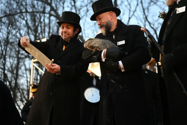 Punxsutawney Phil declaring six more weeks of winter on Feb. 2, 2025.