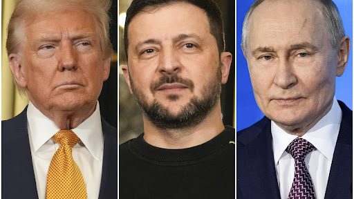 United States President Donald Trump (left), Ukrainian President Volodymyr Zelensky (middle), and Russian President Vladimir Putin (right)