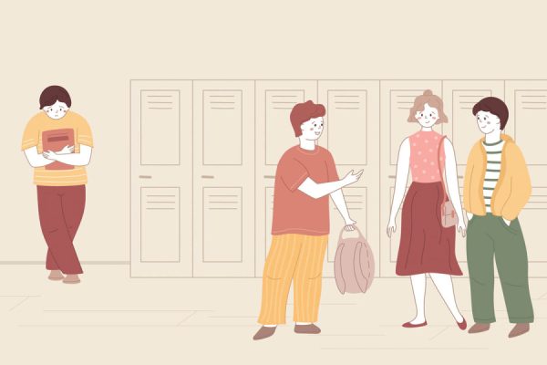 Person standing next to lockers to avoid talking to a group of kids.