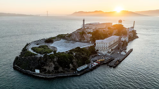 Alcatraz Island, where the former prison, now historic landmark sits in the San Francisco Bay.
