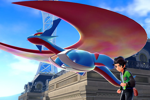 Playable character next to a Mega Salamence.