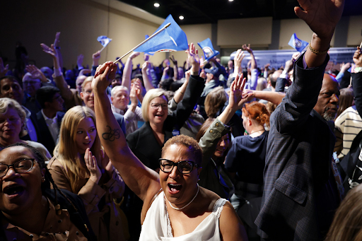 Supporters celebrate Virginia Democratic gubernatorial candidate Abigail Spanberger’s projected win at her election night watch party on Nov. 4, 2025. 