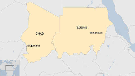 A map of Chad with its capital of N’Djamena and Sudan with its capital of Khartoum.
