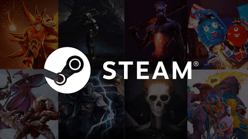 Picture of Steam logo with game posters in the background