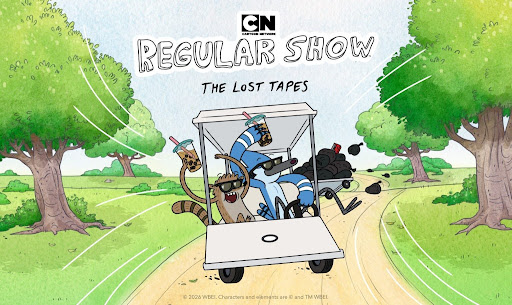 Rigby and Mordecai on a golf cart.