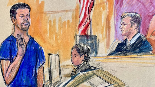 Image of a courtroom sketch of Cole Tomas Allen and a judge